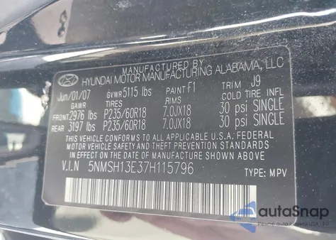 2007 Hyundai Santa Fe Limited/Se z USA, uszkodzony, nr VIN 5NMSH13E37H115796